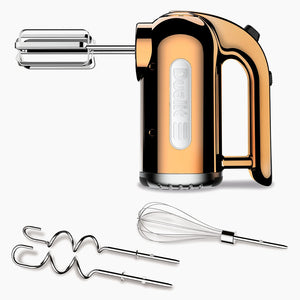 Dualit håndmikser i kobber med visper og eltekroker, flotte verktøy for en allsidig baking.