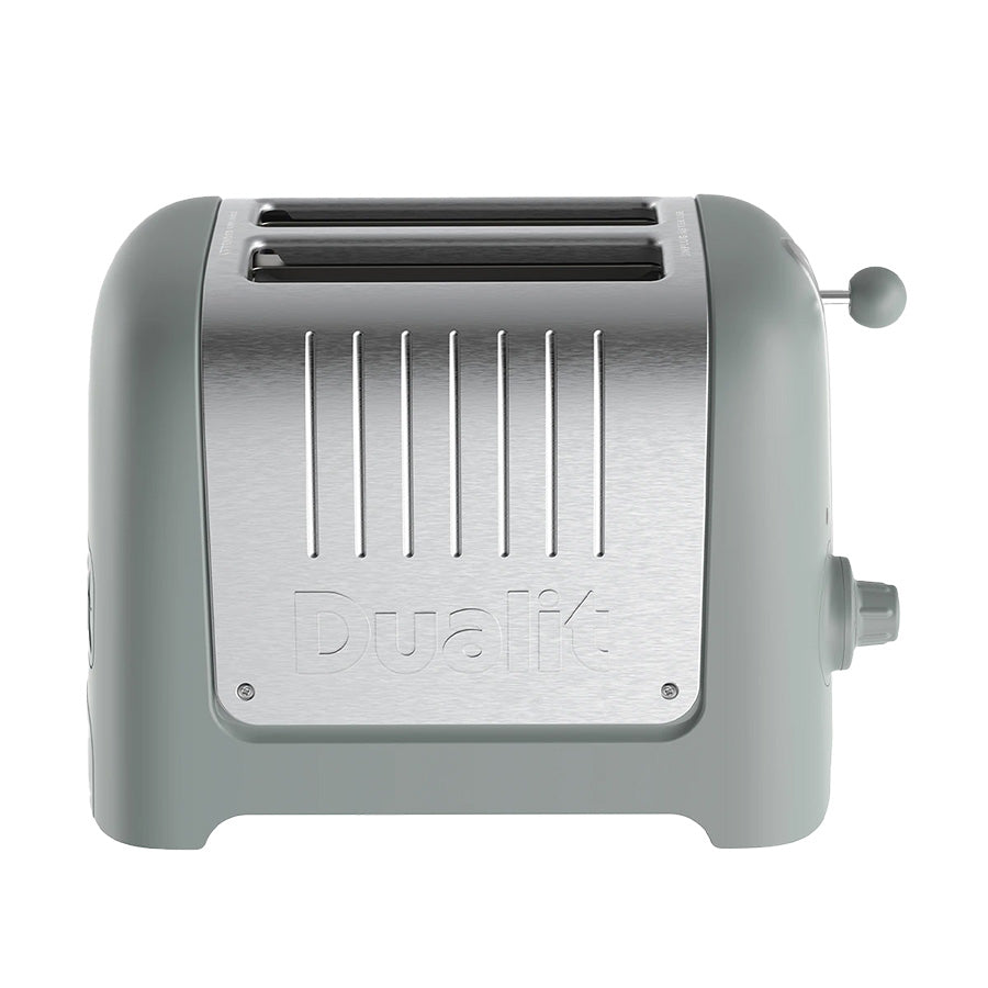 Dualit Lite brødrister i Sage med moderne design og ekstra brede spalter for perfekt ristede skiver.