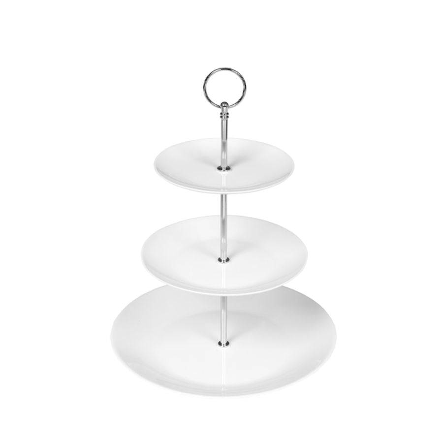 Porsgrunds Porselænsfabrik Sense Etasjefat 3 Etg. - Elegant etasjefat med tre hvite tallerkener og en metallring, perfekt for servering av bakverk og snacks.