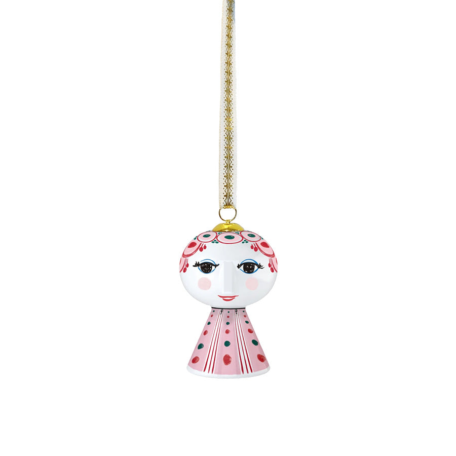 Bjørn Wiinblad Eva juleoppheng i rødt og rosa, håndmalt porselen med gullfarget opphengsbånd