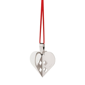 Georg Jensen juleornament hjerte i palladiumbelagt messing med rødt silkebånd, elegant design som kombinerer nostalgi og modernitet.