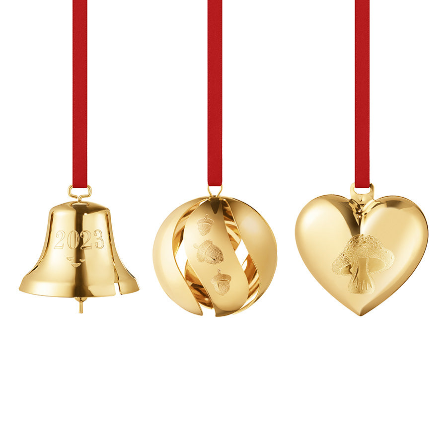 Georg Jensen Julepynt 2023 Julekule, Juleklokke og Julehjerte 18kt Gullbelagt