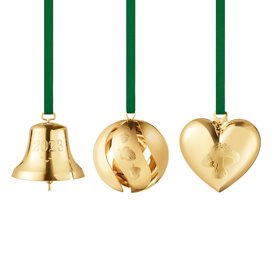 Georg Jensen Julepynt 2023 Julekule, Juleklokke og Julehjerte 18kt Gullbelagt