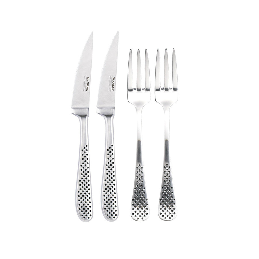 Global bestikksett med to kniver og to gafler i rustfritt stål, designet for både eleganse og skarphet.