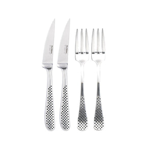 Global bestikksett med to kniver og to gafler i rustfritt stål, designet for både eleganse og skarphet.