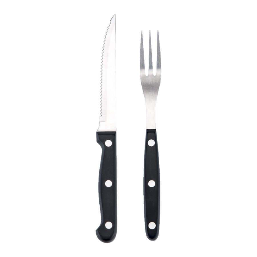 Seasons BBQ grillbestikk med tannsaget steakkniv og grillgaffel, perfekt for grilling til 6 personer.