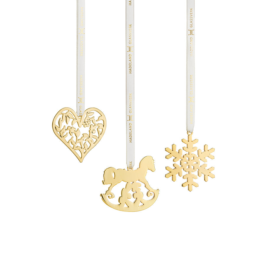 Hadeland Glassverk Marias Jul Juletrepynt Gull 3-pk Hjerte, Snøfnugg, Gyngehest