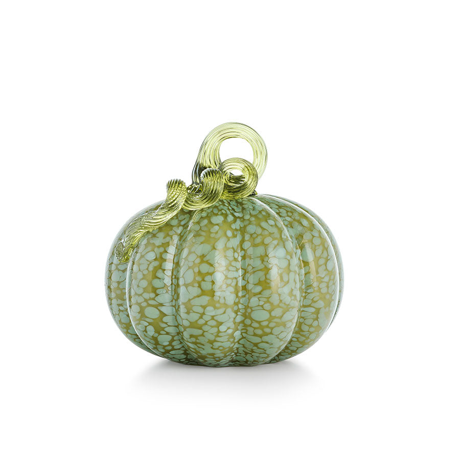Blågrønn glassgresskar fra Hadeland Glassverk, 14 cm, med unik nyanse og munnblåst design, perfekt for bord- og vindusdekorasjon.