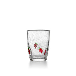 Single Hadeland Jordbær glass med dekor av røde jordbær, laget i klart glass for sommerens kalde drikker.
