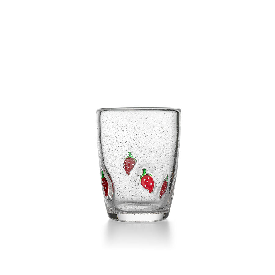 Single Hadeland Jordbær glass med dekor av røde jordbær, laget i klart glass for sommerens kalde drikker.