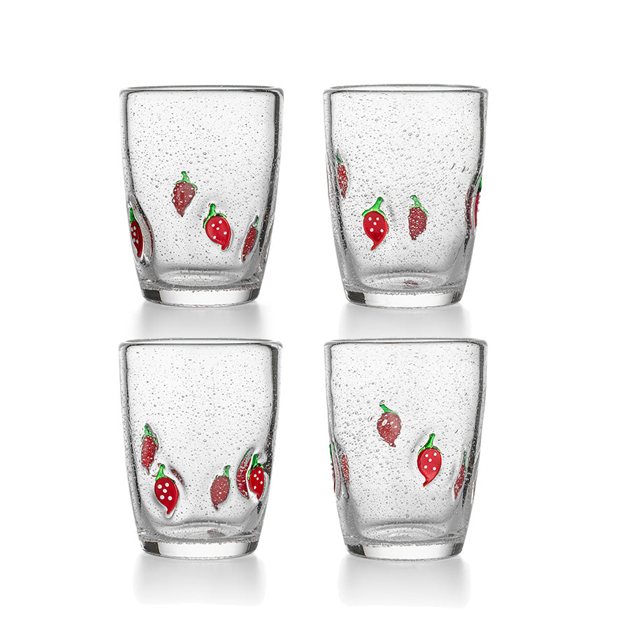 Hadeland Glassverk Jordbær glass 40cl 4pk – Sommerglass med røde jordbærdekor, perfekt for kalde drikker, ideelle for utebruk.