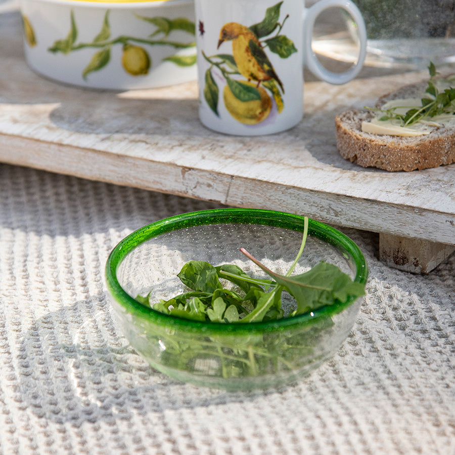 Hadeland Glassverk Sommereng skål fylt med frisk salat, plassert på en piknikgenser.