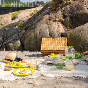 Hadeland Glassverk Sommereng skål på en stranddekorert piknik, med friske ingredienser og drikke.