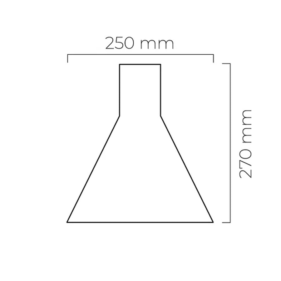 Målestrekning av Forma Ask Pendellampe, med diameter 250 mm og høyde 270 mm, som viser lampens karakteristiske koniske form.