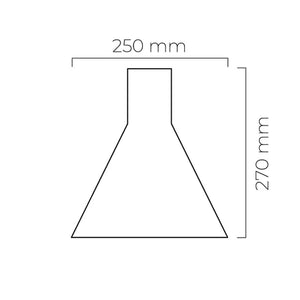 Målestrekning av Forma Ask Pendellampe, med diameter 250 mm og høyde 270 mm, som viser lampens karakteristiske koniske form.