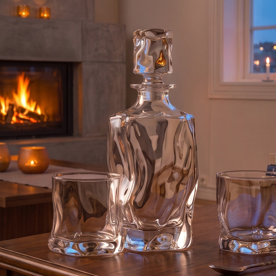 Glacier whiskeysett med glasskaraffel og to glass på bord foran peis