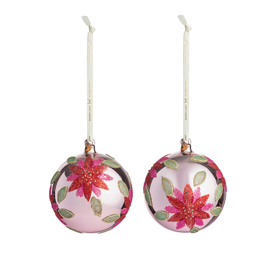 Glasskule Julestjerne fra Hadeland Glassverk i rosa og rødt med blomster- og bladmotiv, 2-pakning på 10 cm