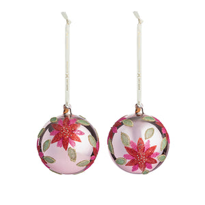 Glasskule Julestjerne fra Hadeland Glassverk i rosa og rødt med blomster- og bladmotiv, 2-pakning på 10 cm