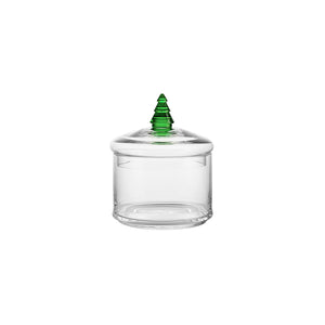 Grønn Hadeland Glassverk krukke med lokk og grantopp, 9 x 12 cm