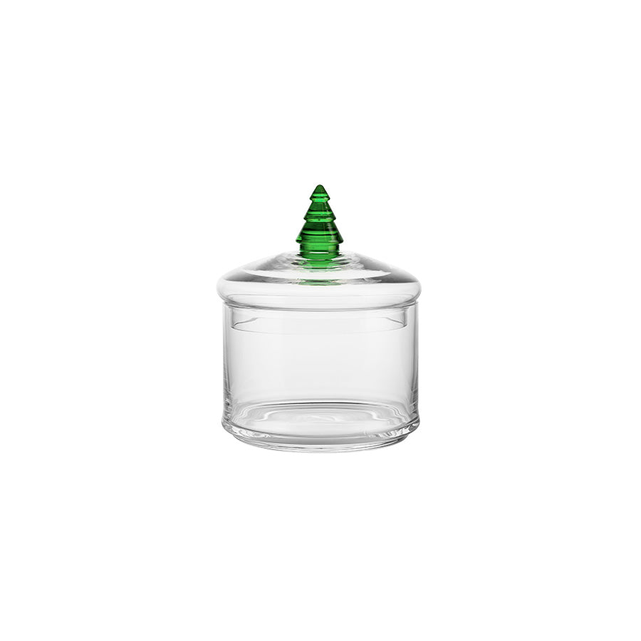 Grønn Hadeland Glassverk krukke med lokk og grantopp, 9 x 12 cm