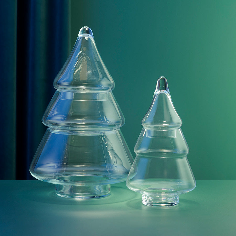 Stor og liten Gran krukke i klart glass med lokk, dekorativ julepynt fra Hadeland Glassverk