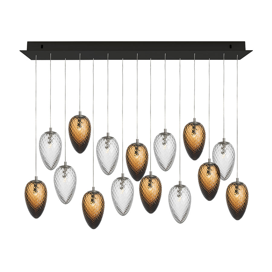 Storslått taklampe med femten håndblåste krystallkongler i kakao og klart glass, perfekt for moderne interiør.