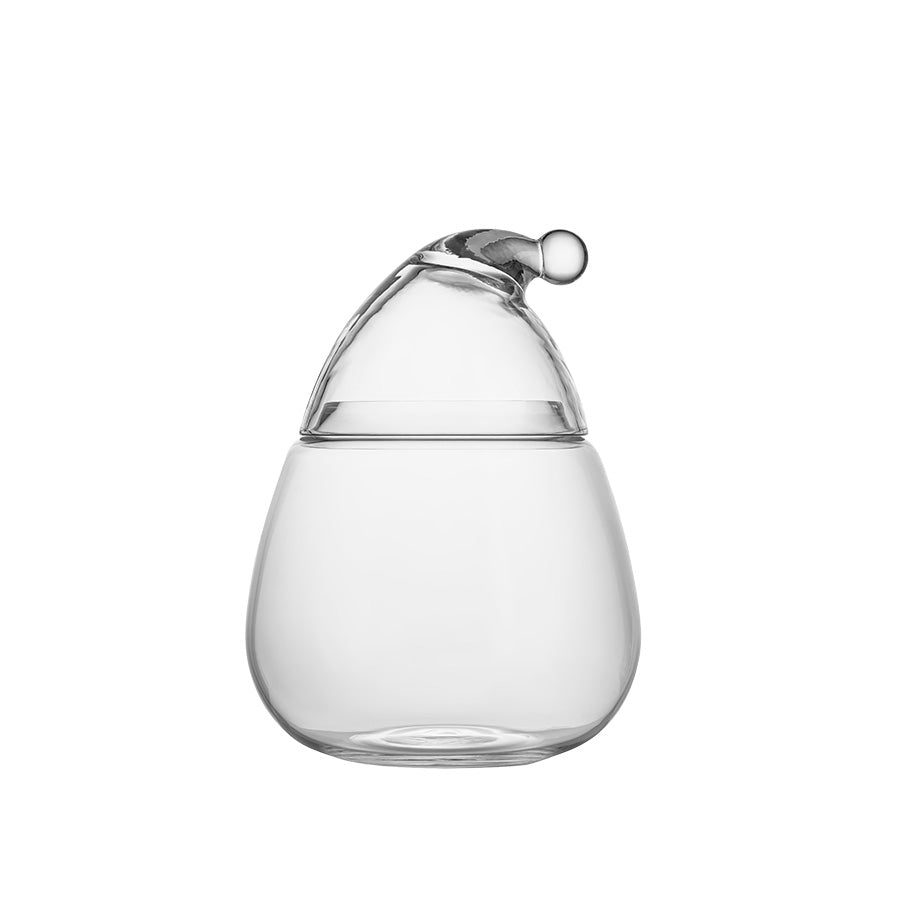 Klar Hadeland Glassverk nisse krukke med lokk, 25 cm høy, vist mot hvit bakgrunn
