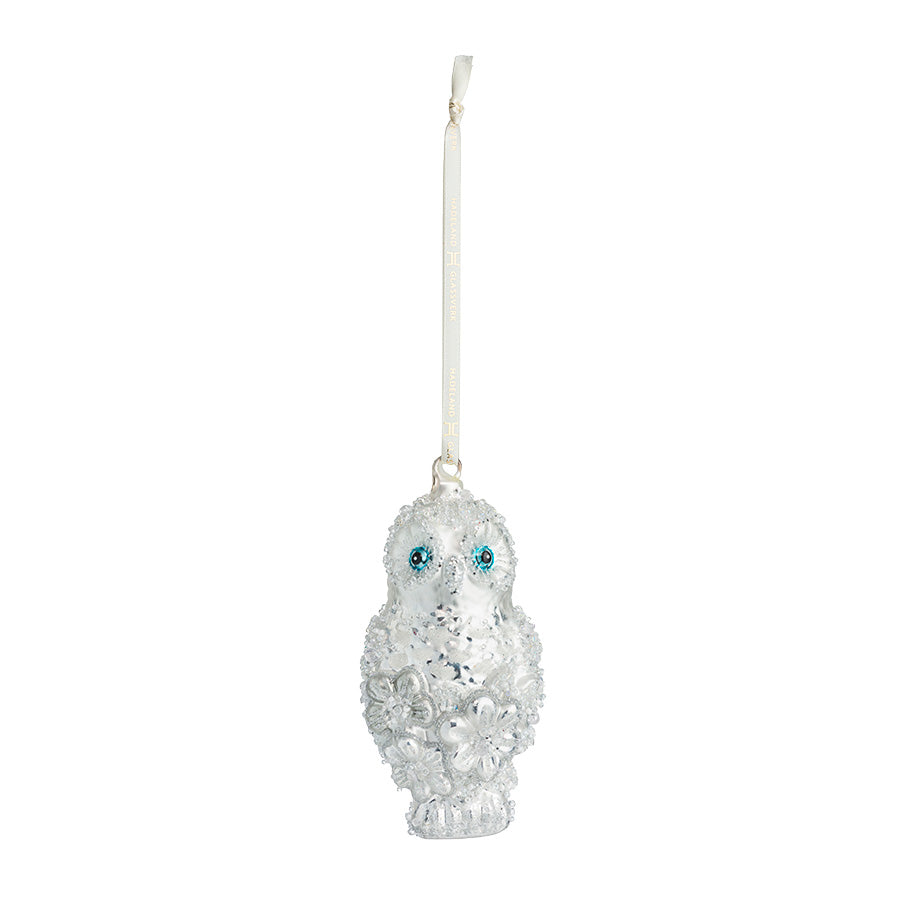 Perleugle i sølv fra Hadeland Glassverk, 19 cm høyt glassornament med turkise øyne og oppheng