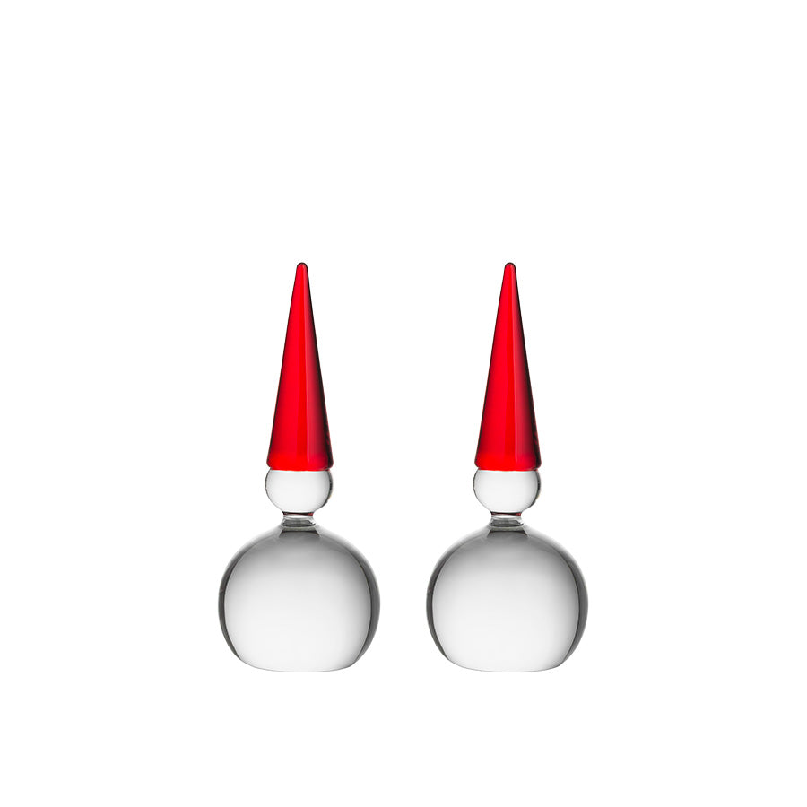 Hadeland Glassverk nisse i klart glass med rød lue, snømannfigur 11 cm, 2-pakning