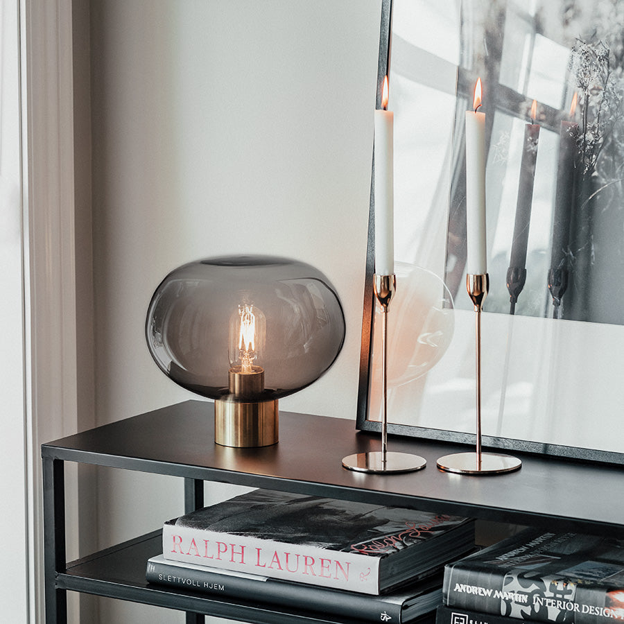 Hadeland Glassverk Arkiv Bordlampe 4169 Røkgrå Liten Messing