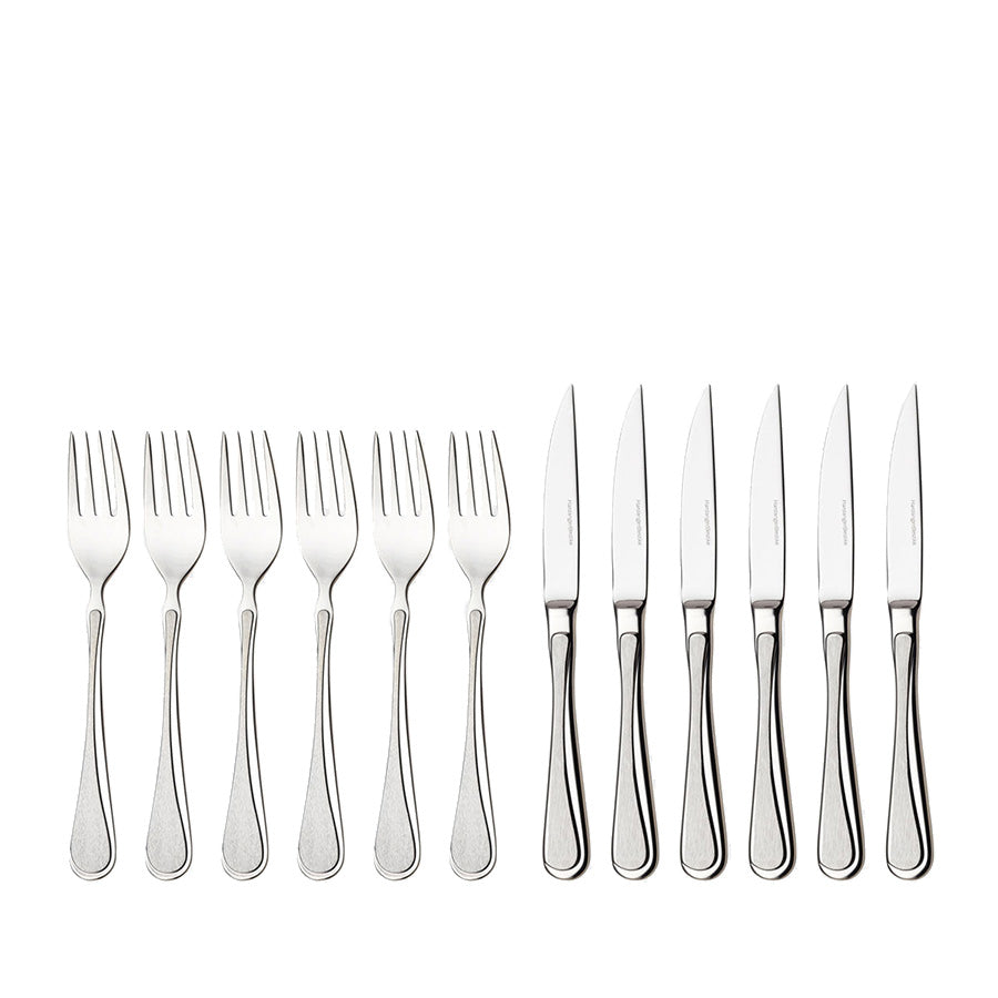 Elegant biffbestikk sett med seks gafler og seks kniver fra Hardanger Bestikk Carina, laget av rustfritt stål.