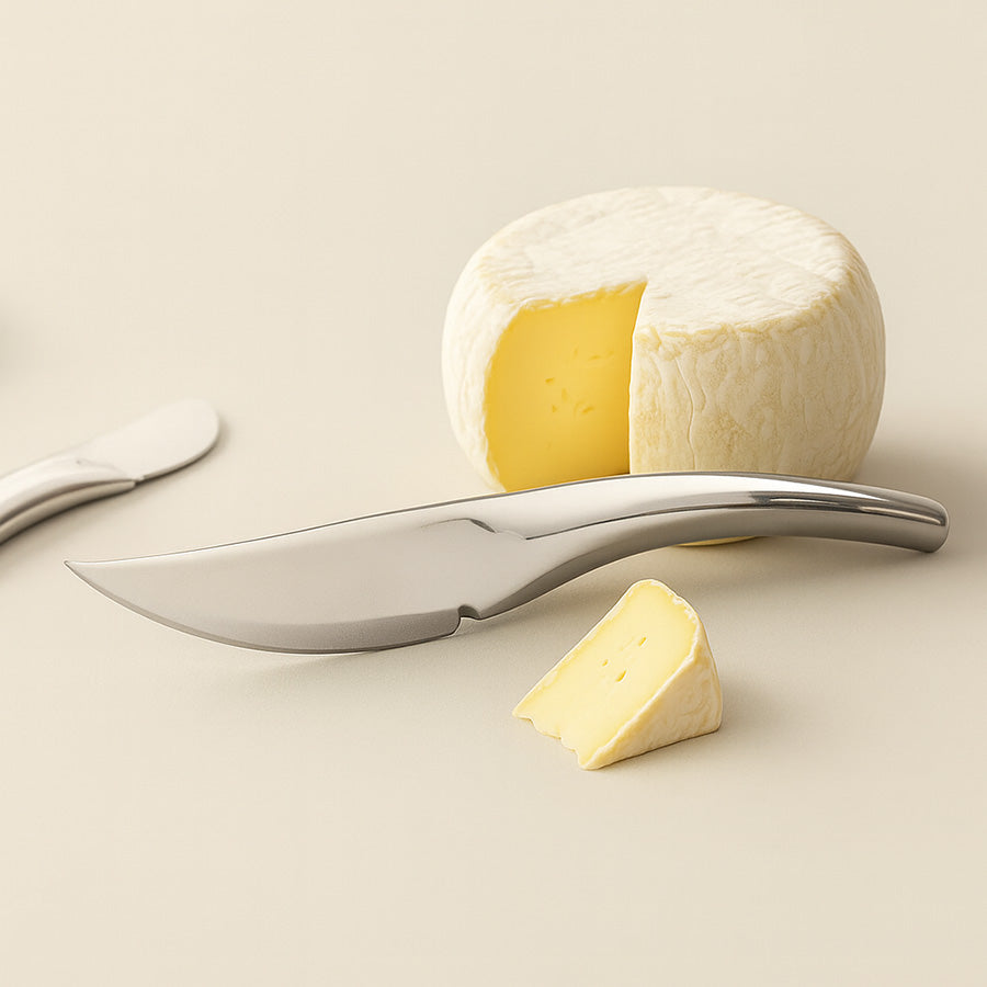 Hardanger ostekniv i aktion, skjærer perfekt gjennom en rund ost, med stilren polert finish.