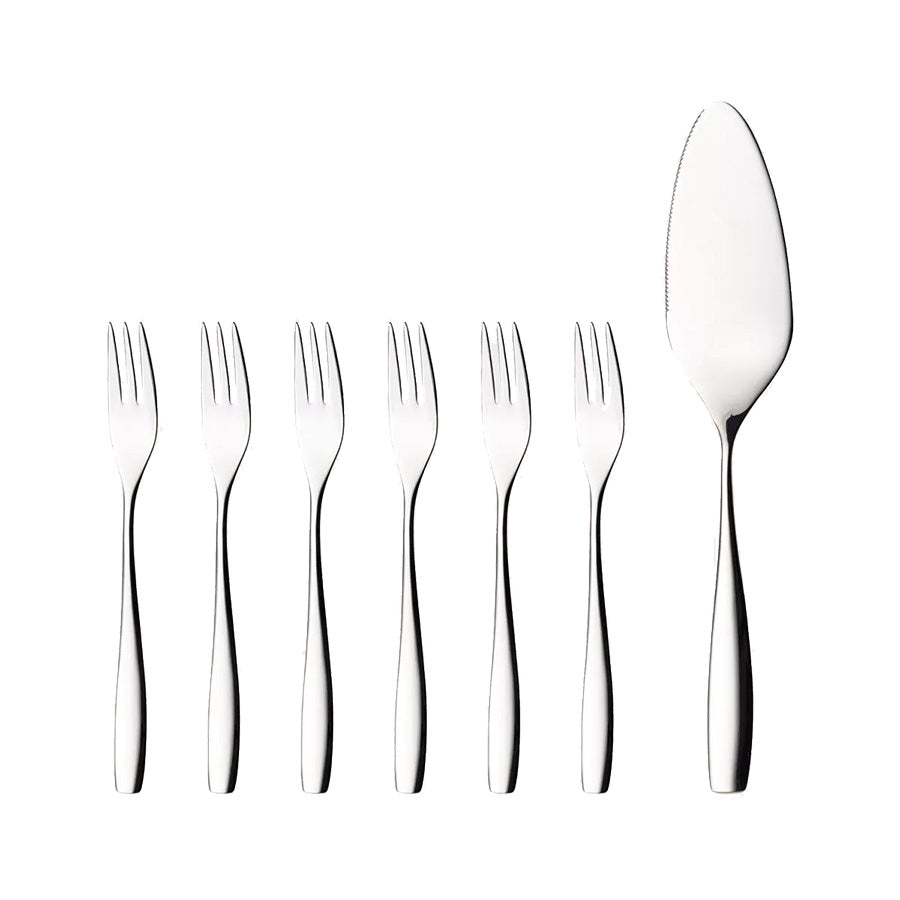 Hardanger Bestikk Julie kakesett med seks kakegafler og en kakespade i rustfritt stål, perfekt for servering av kaker.