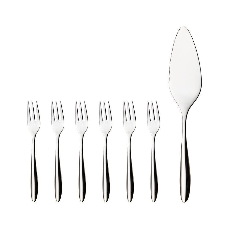 Lykke kakesett med seks elegante kakegafler og en presis kakespade i rustfritt stål, perfekt for stilfull kakedeling.