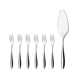 Lykke kakesett med seks elegante kakegafler og en presis kakespade i rustfritt stål, perfekt for stilfull kakedeling.