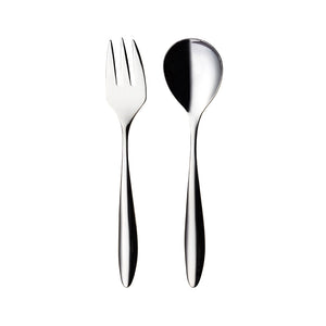 Lykke serveringsbestikk sett med serveringsgaffel og serveringsskje i blankt rustfritt stål, perfekt for elegant servering.