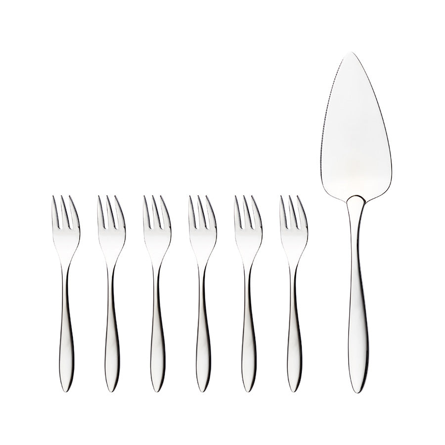 Elegant Kakesett med 6 kakegafler og kakespade fra Hardanger Bestikk Maria. Designet i polert 18/10 rustfritt stål, perfekt for servering av kaker ved enhver anledning.