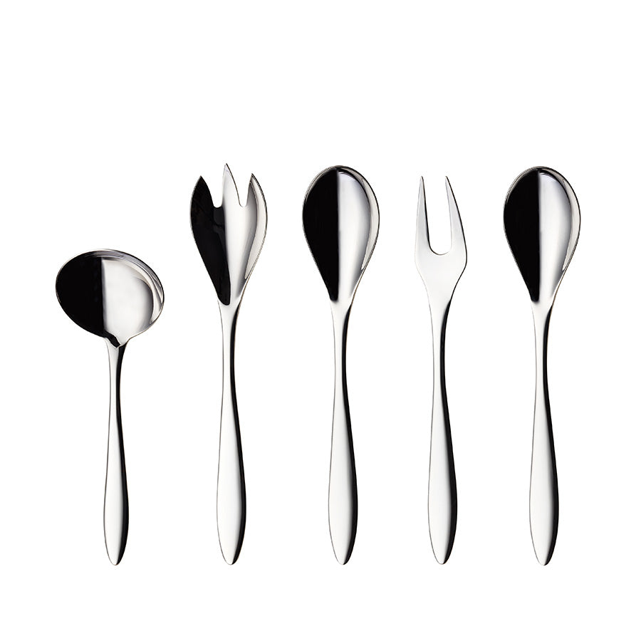 Elegant Hardanger Serveringsbestikk sett i 5 deler i 18/10 rustfritt stål, inkludert serveringsskjeer, salatgaffel og sauseøse, perfekt for stilig borddekking.