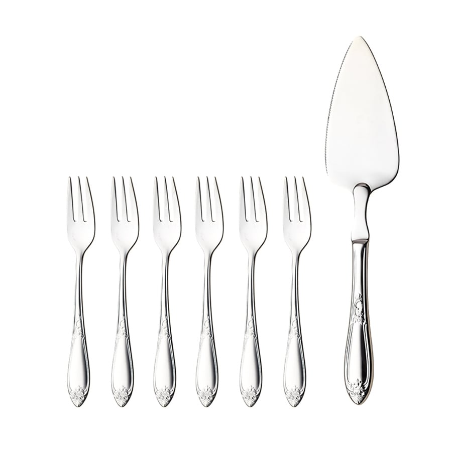 Hardanger Bestikk Nina Kakesett m/ Kakegafler og Kakespade - Inneholder 6 kakegafler og 1 kakespade i rustfritt stål, perfekt for elegant kakedekorasjon.