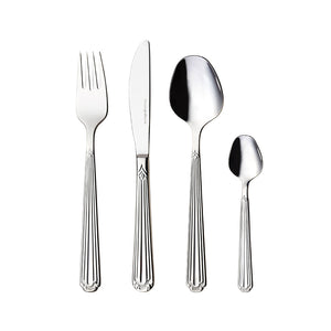 Hardanger bestikksett inkludert spisekniv, gaffel, skje og teskje, i strålende rustfritt stål.