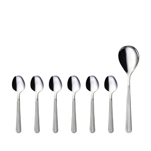 Renessanse dessertsett med seks dessertskjeer og en serveringsskje i polert 18/10 rustfritt stål.