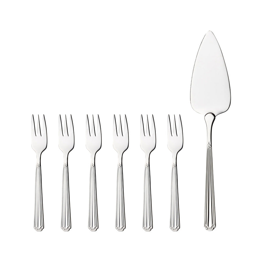 Hardanger Bestikk Renessanse kakesett med kakespade og seks kakegafler, laget av rustfritt stål, perfekt for elegant servering av kaker.