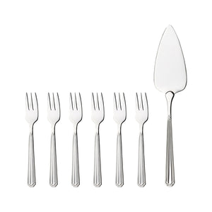 Hardanger Bestikk Renessanse kakesett med kakespade og seks kakegafler, laget av rustfritt stål, perfekt for elegant servering av kaker.