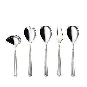 Elegant serveringsbestikk i 5 deler fra Hardanger Bestikk, inkludert serveringsskjeer, gafler og sauseøse. Perfekt for en gjennomført servering.