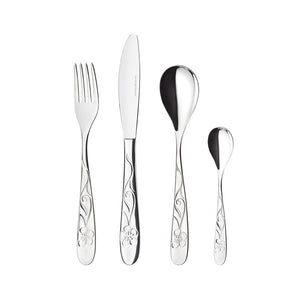 Elegant bestikksett med kniv, gaffel, skje og teskje med dekorativt blomstermønster - perfekt for enhver borddekking.
