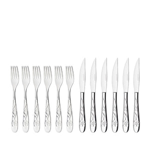 Bestikksett fra Hardanger Bestikk med 6 spisegafler og 6 biffkniver i elegant design, perfekt for middagsselskap.