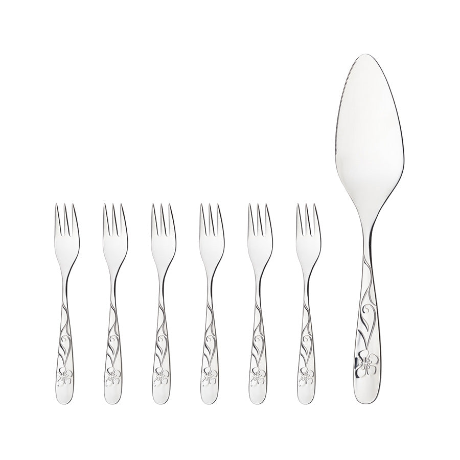 Elegant kakesett som inkluderer seks kakegafler og en kakespade, designet med dekorative blomstermotiver og laget av rustfritt stål.