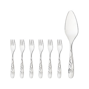 Elegant kakesett som inkluderer seks kakegafler og en kakespade, designet med dekorative blomstermotiver og laget av rustfritt stål.