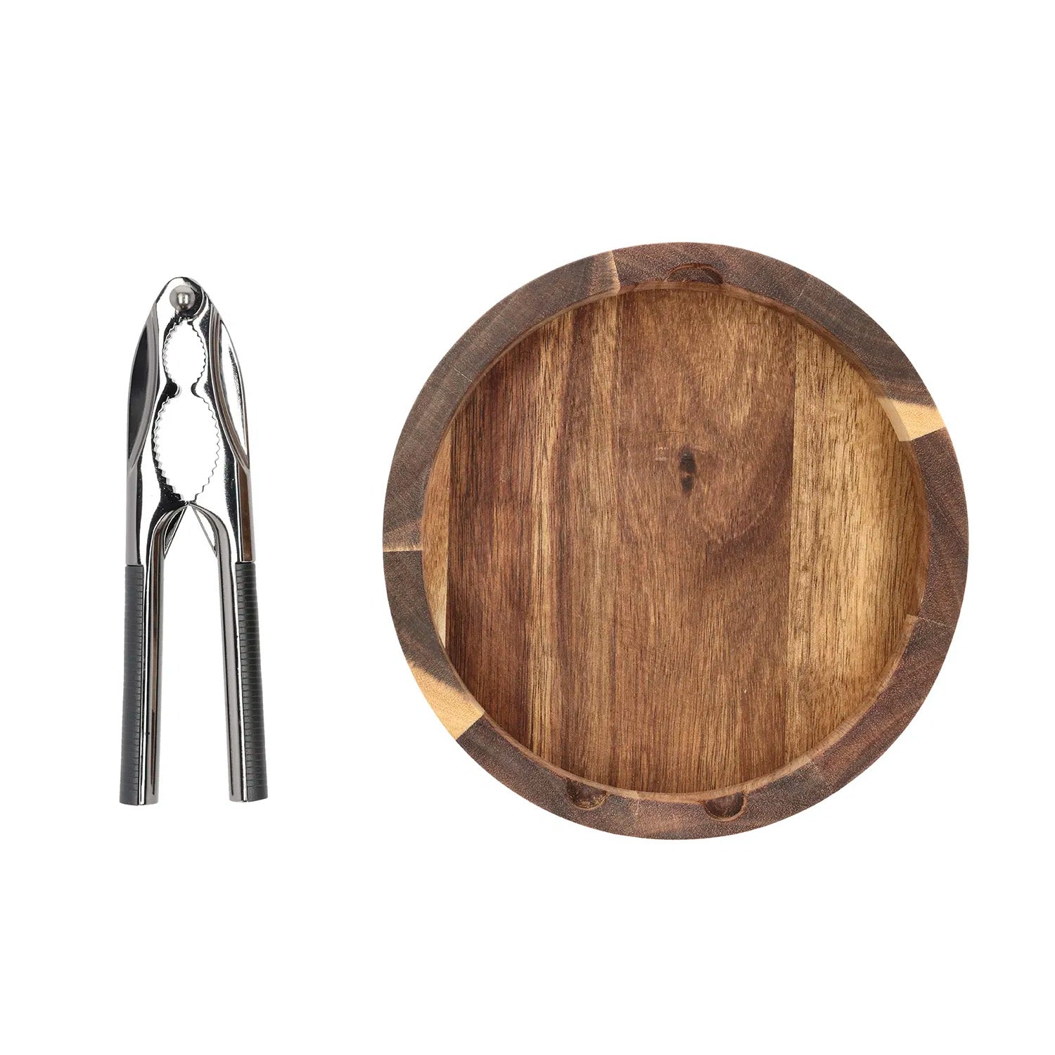 Settet med nøtteknekker og rund skål, laget av akasietre, ideelt for å dele sesongens nøtter.