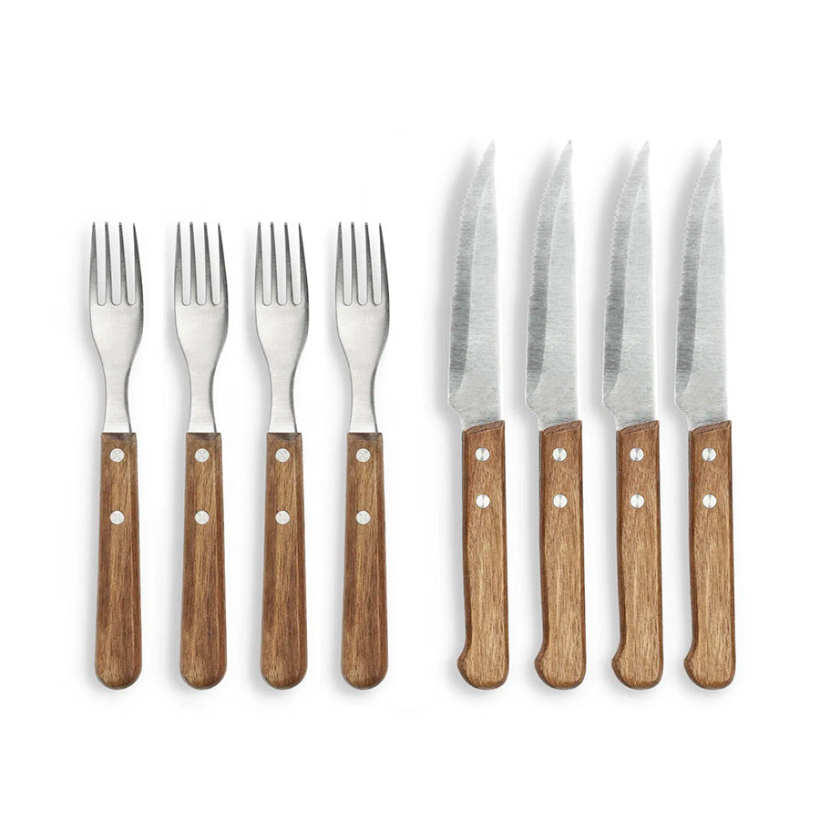 Holm biffbestikk i rustfritt stål med håndtak av akasietre, inkludert 4 gafler og 4 kniver, perfekt for grillmiddager og biffservering.